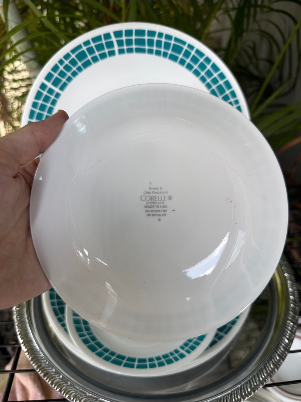 VTG Corelle Aqua Tiles Dinnerware Plate Set of 6 Blue Mosaic Design - Picture 2 of 2